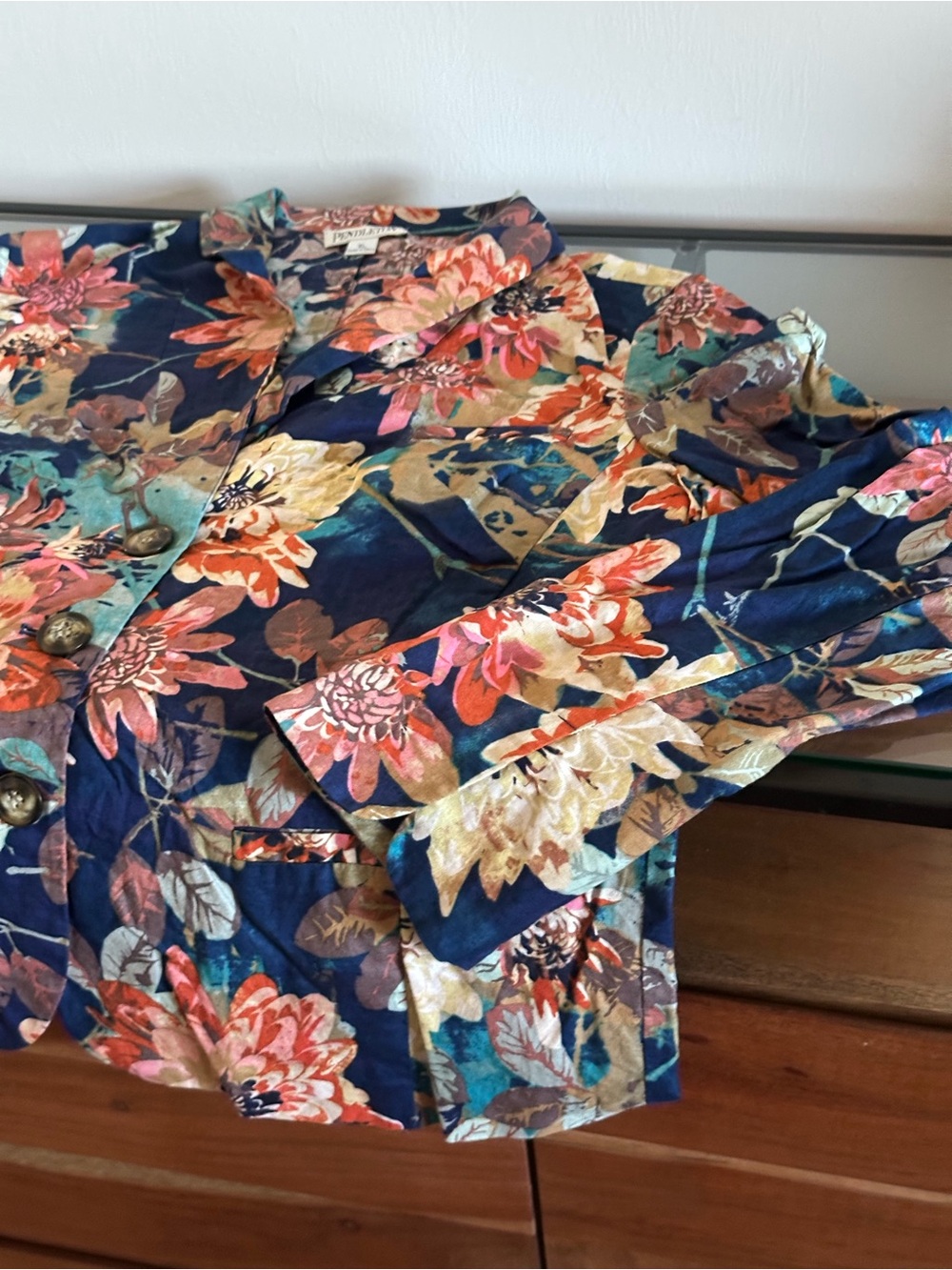 Pendleton XL Linen Cotton Floral Jacket Navy Chocolate Brown Butter Yellow